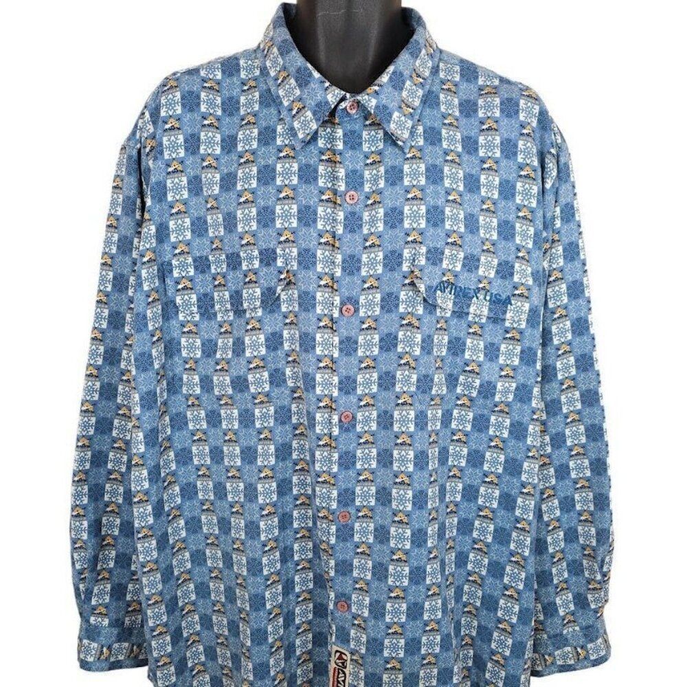 Vintage Avirex Shirt Mens Size XL Blue 90s All Over Print Oversized Geometric